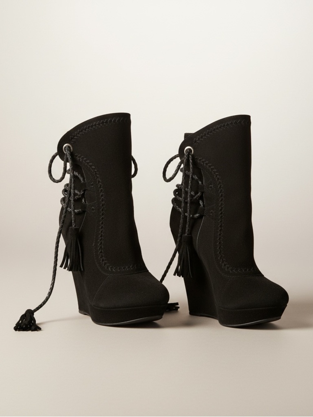 Colin Stuart Black Lace-Up Wedge Booties with Tassels